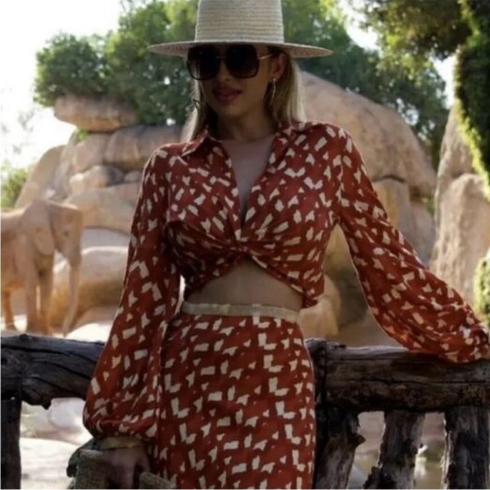 Zara Linen Blend Printed Wrap Crop Top Terracotta And Cream side zip closure NWT - Picture 4 of 10
